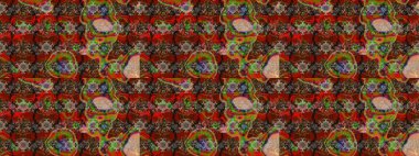 Çok kahverengi ve kırmızı zarif küçük çiçekler ve kahverengi ve kırmızı renkli komik böcekler, raster desen, illüstrasyon.