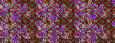 Raster illüstrasyonu. Asya tekstil tarzında. Raster illüstrasyonu. Çiçek desenli çizim. Gri ve kırmızı renkte çiçekler.