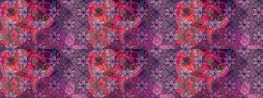 Parlak renkli fantezi çiçekleri, yapraklar, mor ve pembe renkli tomurcuklar mor ve pembe. Suluboya el çizimi elementli çiçek çizimi deseni.