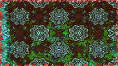 Kusursuz çiçek deseni. Raster illüstrasyonu. Kahverengi ve yeşil renkli Asyalı tekstil.