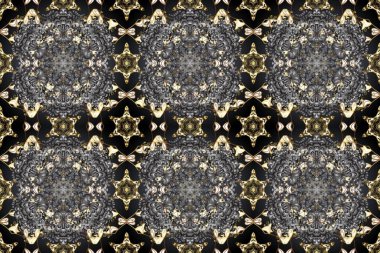 Çiçek kiremitleri. Kusursuz desenli oryantal süs. İslam tasarımı. Raster altın tekstil baskısı. Kahverengi, bej ve gri renklerdeki altın desenli altın elementler.