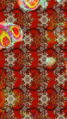 Çiçekli ipek eşarp. Retro tekstil tasarım koleksiyonu. Kahverengi ve kırmızı kahverengi ve kırmızıya. 1950-1960 motifleri. El çizimi çiçek elementleri ile soyut çizim raster deseni.