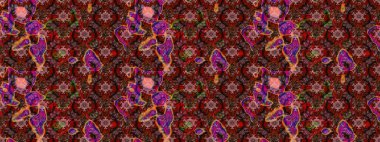 Tekstil tasarımı için kırmızı ve kahverengi renkli geleneksel halk çiçekleri buketi. Üzerinde gelincikler ve vadi zambakları olan renkli çiçek desenli nakış..