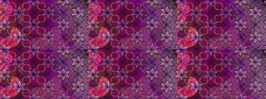 Raster Floral Illustration, Asyalı tekstil. Mor ve siyah renkte etnik çiçeklerle süslenmiş zarif bir eskiz..