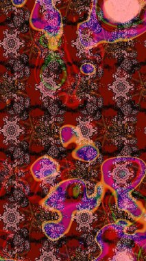 Raster illüstrasyonu. Çiçek buketleriyle klasik bir eskiz şekli. Kahverengi ve kırmızı renklerde.