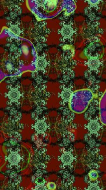 Halk tarzı. Modern çiçek arkaplanı. Moda baskıları için zarif bir şablon. Parlak renkli çiçekleri olan ve yeşil ve kırmızı renkte yaprakları olan muhteşem bir çiçek deseni..