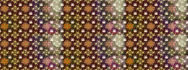 Dallı bahar çiçekleri ile desen, kahverengi ve mor renkler ile çiçek silueti. Raster deseni.