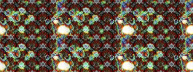 Raster - stok. Yapraklı çiçekler ve kahverengi ve yeşil renklerde papatya çiçekleri. Taslak arkaplan deseni.