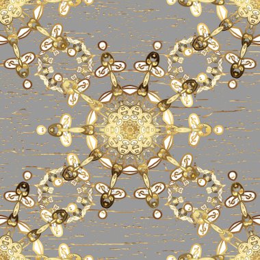 Klasik raster sarısı, kusursuz desen. Geleneksel oryantasyon süsü. Klasik klasik klasik arka plan. Gri ve bej renklerde altın elementlerle kusursuz desen.