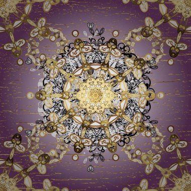 Geleneksel oryantasyon süsü. Kahverengi ve beyaz renklerde altın elementlerle kusursuz desen. Klasik klasik klasik arka plan. Kusursuz klasik raster altın desenli.