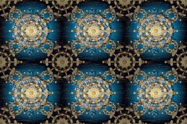 Kusursuz altın desenli bukleler. Parlak dantel, stilize çiçekler, şal desenli. Doğu tarzı arabesk. Hassas altın deseni açın. Mavi üzerinde kusursuz desen, altın elementli siyah renk. raster