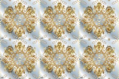 Gri, bej ve nötr renklerde kusursuz desenli altın rengi bir çiçek deseni. Süslü dekorasyon. Raster illüstrasyonu.