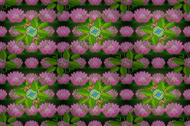 Dekoratif botanik tasarımı tekstil, duvar kağıtları ve ambalaj kağıtları için idealdir. Pembe nilüferli ve yeşil yapraklı pürüzsüz raster çiçekleri koyu arkaplanda simetrik olarak sıralanmış..