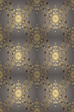 Süslü raster dekorasyonu. Gri ve bej renklerde altın desenli altın elementler. Barok tarzında duvar kağıdı tasarımı için kusursuz damaske deseni arkaplanı.