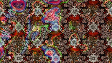 Moda baskıları için zarif bir şablon. Modern çiçek arkaplanı. Parlak renkli çiçekleri olan ve kahverengi ve siyah renkli yaprakları olan harika bir çiçek deseni. Halk stili.