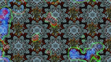 1950-1960 motifleri. Retro tekstil tasarım koleksiyonu. Mavi ve siyah, mavi ve siyaha. El çizimi çiçek unsurları olan soyut çizim raster deseni. Çiçekli ipek eşarp..