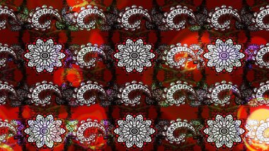 Çok renkli ve siyah küçük çiçekler ve kırmızı ve siyah renkli komik böcekler, raster desen, illüstrasyon.