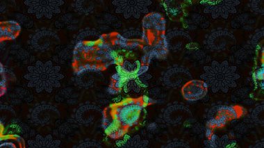 Raster deseni. Raster illüstrasyonu. Patlayan çiçekler soyut olarak yerleştirilmiş. Yumuşak, bahar çiçekleri siyah ve gri renklerde.