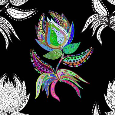 Damask pürüzsüz yineleme kalıbı. Raster. Barok tarzında altın çiçekli süs. Altın element beyaz ve siyah renklerde. Antika altın tekrarlanabilir duvar kağıdı.