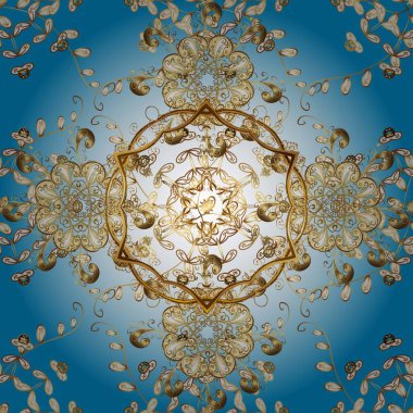 Hoş renkler üzerine geleneksel Arapça dekor. Duvar kâğıdı için altın süslü bir illüstrasyon. Doğu tarzında klasik tasarım öğesi. Çiçekli süslemeli, pürüzsüz bir desen. Süslü dantel iz sürücü.