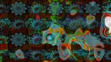 Modern çiçek arkaplanı. Halk tarzı. Moda baskıları için zarif bir şablon. Parlak renkli çiçekleri ve kahverengi ve mavi renkli yaprakları olan harika bir çiçek deseni..