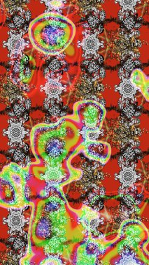 Kırmızı ve gri arka planda. Elle çizilmiş çiçek desenli Raster çizimi. Çocuksu tasarım. Tekstil, kumaş, ambalaj, hatıra defteri için güzel çiçek arkaplanı..