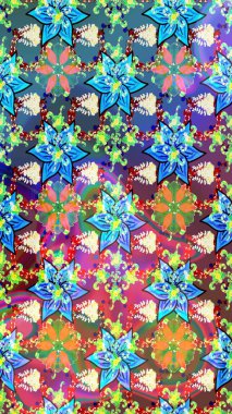 Küçük çiçekteki sevimli çiçek deseni. Varicoloblue ve yeşil raster çizimi. Birçok mavi ve yeşil soyut çiçekli tropikal çizim deseni.