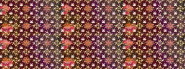 Tekstil, kumaş, ambalaj, hatıra defteri için hoş bir çiçek arkaplanı. Çocuksu tasarım. Kahverengi ve mor arka planda. Elle çizilmiş karalama çiçekleri ile Raster çizim deseni.