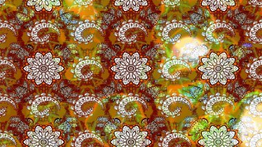 Kahverengi ve kırmızı renklerde Asya tekstili. Raster illüstrasyonu. Suluboya çiçekli çiçek deseni.