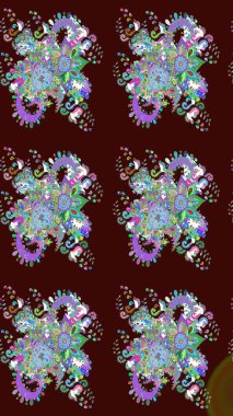 Kahverengi ve mavi kıvırcık çiçekler kahverengi ve mavi renklerde şekillenir. Raster illüstrasyonu. Klasik çiçek tasarım elementleri.