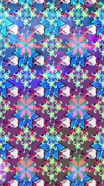 Bir sürü mavi ve mor soyut çiçekli tropik eskiz deseni. Küçük çiçekteki sevimli çiçek deseni. Varicoloblue ve mor raster çizimi.