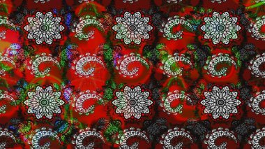 Raster illüstrasyonu. Patlayan çiçekler soyut olarak yerleştirilmiş. Raster deseni. Gri ve kırmızı renkte bahar çiçekleri.