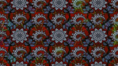 Çok renkli ve kırmızı zarif küçük çiçekler ve gri ve kırmızı renkli komik böcekler, raster deseni, illüstrasyon.