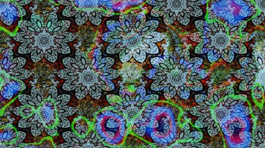 El çizimi çiçek çizimi deseni (fayans). Tekstil için suluboya eskiz deseni. Şirin çiçekleri, desenleri, mavi ve yeşil renkleri olan renkli çizim deseni.