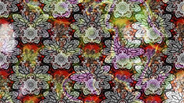 Raster Floral Illustration, Asyalı tekstil. Gri ve nötr renklerdeki etnik çiçeklerle zarif eskiz deseni.