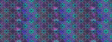 Mor ve mavi renklerde. Raster illüstrasyonu. 3D çiçekler, çizim.