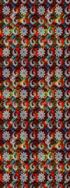 Raster illüstrasyonu. Kırmızı ve kahverengi renkli Asya tekstili. Suluboya çiçekli çiçek deseni.