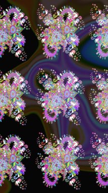 Siyah ve mor renklerde. Raster illüstrasyonu. Siyah ve menekşe renginde siyah ve mor papatya deseni.