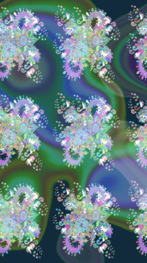 Raster illüstrasyonu. 3D çiçekler, eskiz. Mavi ve yeşil renklerde.