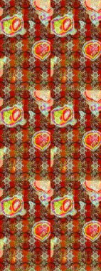 Raster illüstrasyonu. Renkli Bahar Teması eskiz kalıbı. Düz Çiçek Elementleri Tasarımı. Kahverengi ve kırmızı renkte çiçekler. Çiçek desenli çizim. Asya tekstil tarzında.