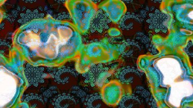 Yeşil ve mavi renklere karalamalar çizilmiş çiçek deseni. Raster illüstrasyonu.