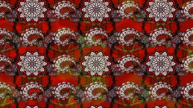 Yapraklı çiçekler ve kahverengi ve kırmızı renklerde papatya çiçekleri. Raster - stok. Taslak arkaplan deseni.