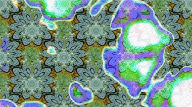 Raster illüstrasyonu. Renkli desenli eskiz deseni, yeşil ve mavi çiçekler ve dekoratif elementler. Kumaş, tekstil, duvar kağıdı baskısı için. Eskiz geçmişi. Antika retro tarzı.