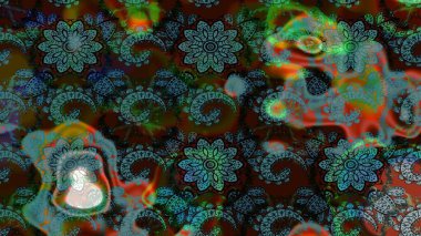 Eski usul. Renkli desenli eskiz deseni, mavi ve kahverengi çiçekler ve dekoratif elementler. Raster illüstrasyonu. Eskiz geçmişi. Kumaş, tekstil ve duvar kağıdı baskısı için..