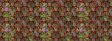 Raster illüstrasyonu. Raster deseni. Patlayan çiçekler soyut olarak yerleştirilmiş. Kahverengi ve bej renklerde bahar çiçekleri.