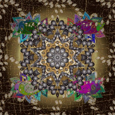 Parlak dantel, stilize çiçekler, şal desenli. Kusursuz altın desenli bukleler. Hassas altın deseni açın. Doğu tarzı arabesk. Güzel renklerde ve altın elementlerle kusursuz desen. Raster illüstrasyonu