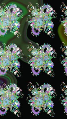 Moda baskısı, albüm, ambalaj kağıdı ve duvar kağıdı için zarif dekoratif süslemeler. Küçük çiçekli basit bir çiçek çizimi. Siyah ve yeşil renkli şirin çiçekler. Raster illüstrasyonu.