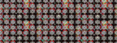 Raster Floral Illustration, Asyalı tekstil. Siyah ve gri renkte etnik çiçeklerle süslenmiş zarif bir eskiz..