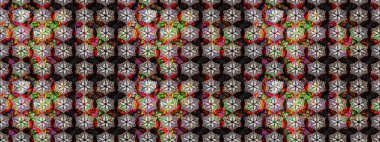 El çizimi çiçek unsurları olan soyut çizim raster deseni. Siyah ve kahverengi üzerine siyah ve kahverengi. 1950-1960 motifleri. Çiçekli ipek eşarp. Retro tekstil tasarım koleksiyonu.