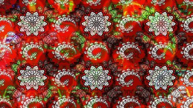 Raster illüstrasyonu. Kırmızı ve kahverengi renklere karalamalar çizilmiş çiçek deseni.